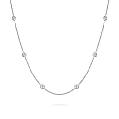 14K White Gold Round Bezel Set Diamond Station Necklace