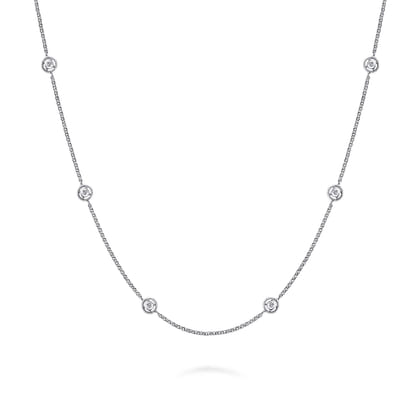 14K White Gold Round Bezel Set Diamond Station Necklace