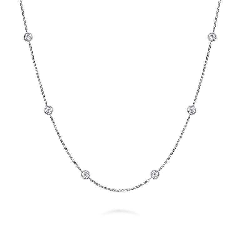 14K White Gold Round Bezel Set Diamond Station Necklace - 0.14 ct - Shot 1