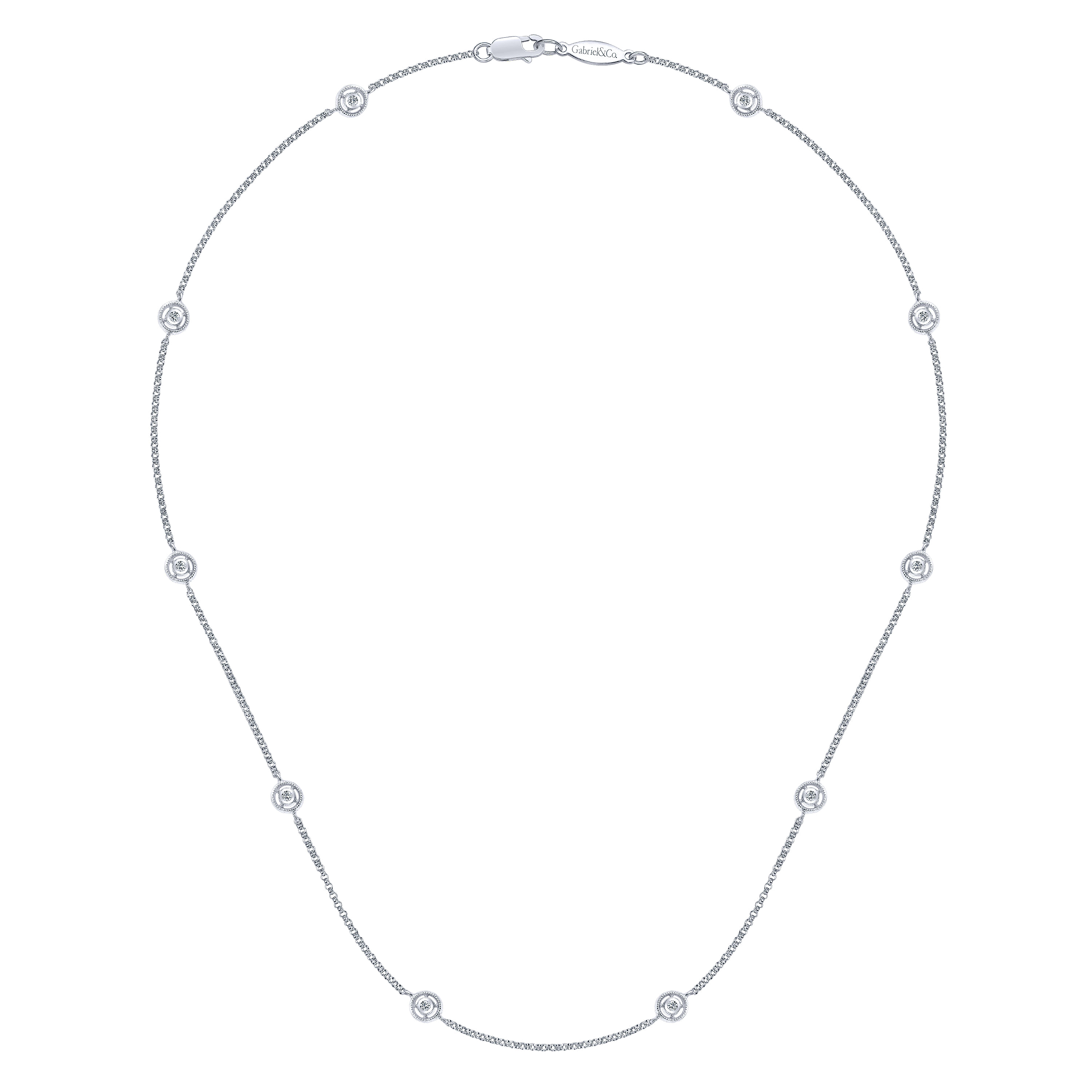 14K White Gold Round Bezel Set Diamond Station Necklace - 0.14 ct - Shot 2