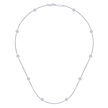 14K White Gold Round Bezel Set Diamond Station Necklace