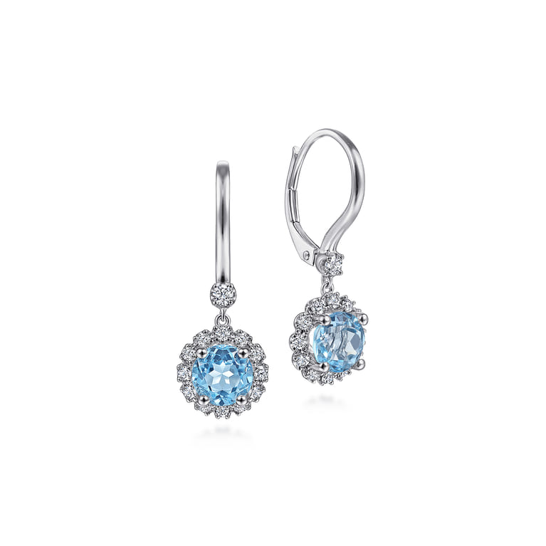 14K White Gold Round Blue Topaz and Diamond Halo Drop Earrings - 0.35 ct - Shot 1