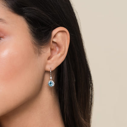 14K White Gold Round Blue Topaz and Diamond Halo Drop Earrings