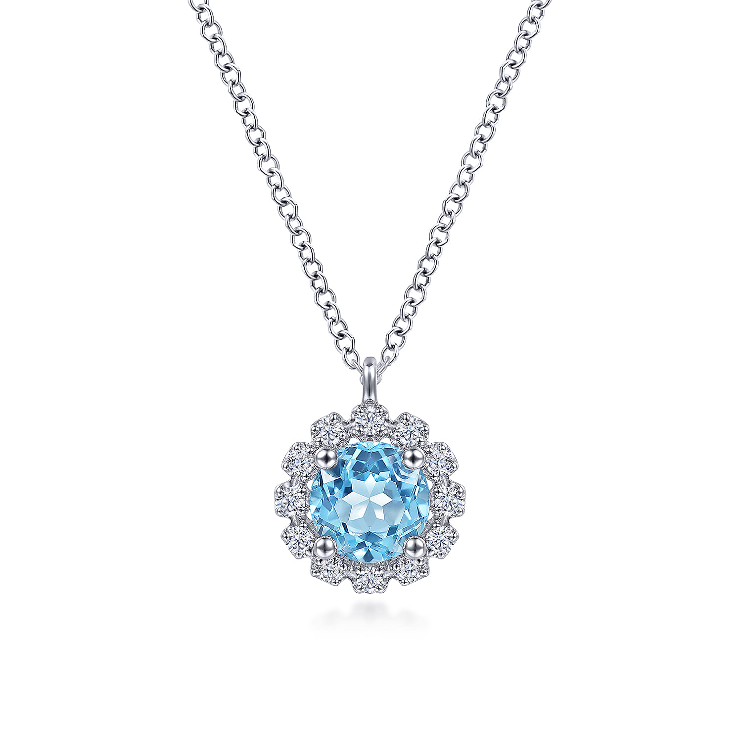 14K White Gold Round Blue Topaz and Diamond Halo Pendant Necklace - 0.15 ct - Shot 1