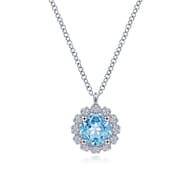 14K White Gold Round Blue Topaz and Diamond Halo Pendant Necklace