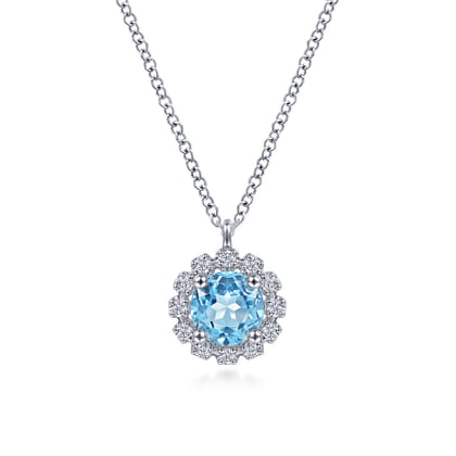 14K White Gold Round Blue Topaz and Diamond Halo Pendant Necklace