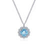 14K White Gold Round Blue Topaz and Diamond Halo Pendant Necklace - 0.15 ct