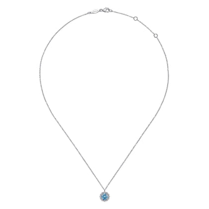 14K White Gold Round Blue Topaz and Diamond Halo Pendant Necklace