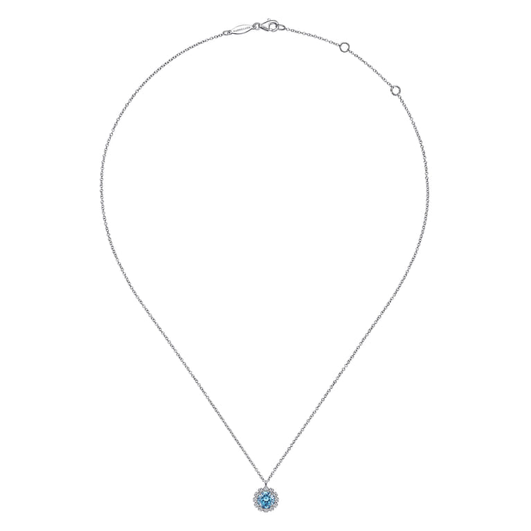 14K White Gold Round Blue Topaz and Diamond Halo Pendant Necklace - 0.15 ct - Shot 2