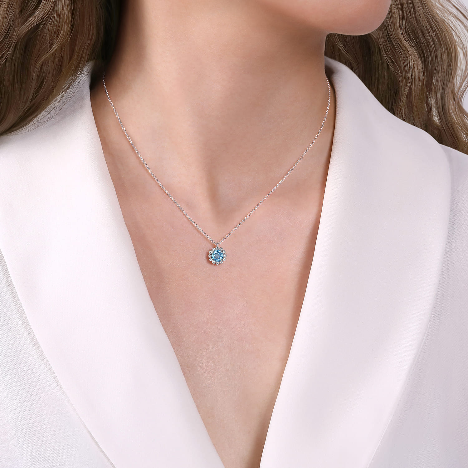 14K White Gold Round Blue Topaz and Diamond Halo Pendant Necklace - 0.15 ct - Shot 3