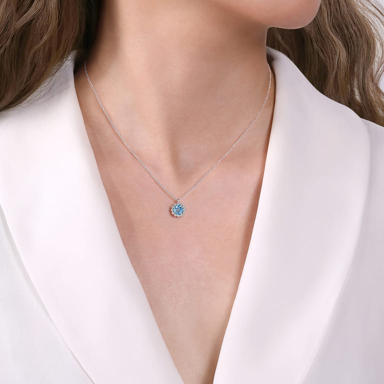 14K White Gold Round Blue Topaz and Diamond Halo Pendant Necklace - 0.15 ct - Shot 3
