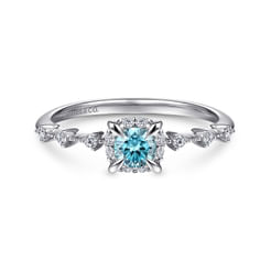 14K White Gold Round Blue Topaz and Diamond Halo Ring