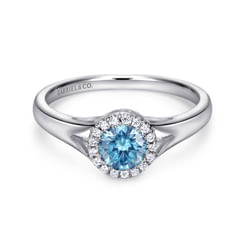 14K White Gold Round Blue Topaz and Diamond Halo Ring