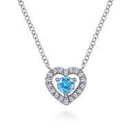14K White Gold Round Blue Topaz and Diamond Heart Pendant Necklace