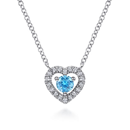 14K White Gold Round Blue Topaz and Diamond Heart Pendant Necklace