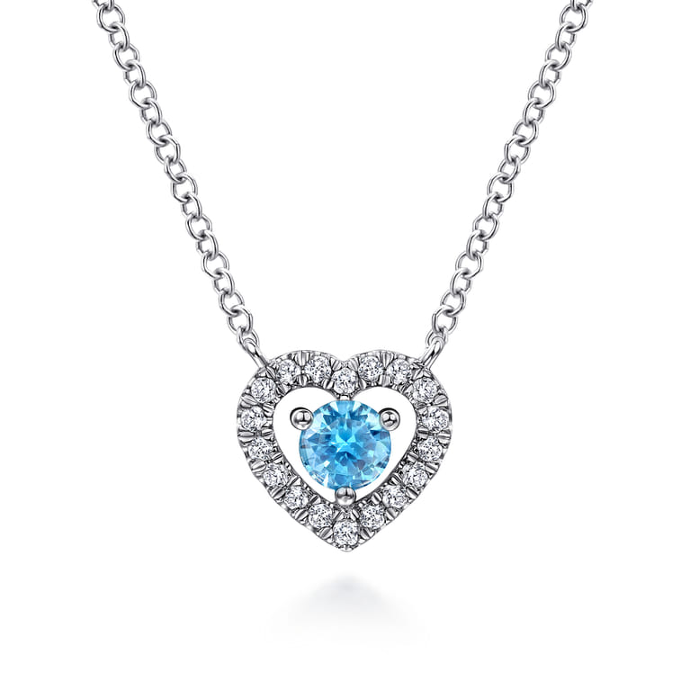 14K White Gold Round Blue Topaz and Diamond Heart Pendant Necklace - 0.09 ct - Shot 1