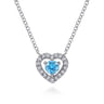 14K White Gold Round Blue Topaz and Diamond Heart Pendant Necklace - 0.09 ct