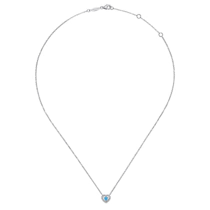 14K White Gold Round Blue Topaz and Diamond Heart Pendant Necklace