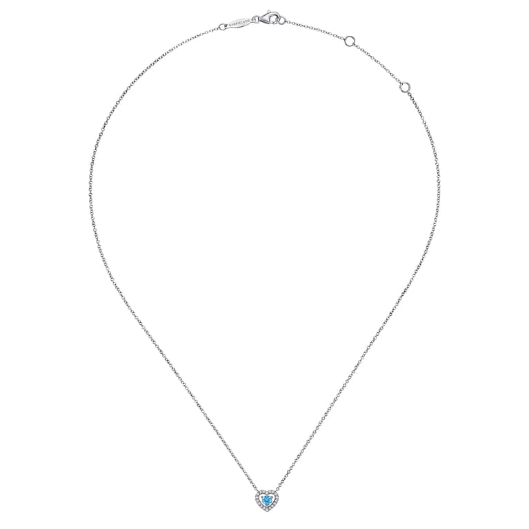 14K White Gold Round Blue Topaz and Diamond Heart Pendant Necklace - 0.09 ct - Shot 2