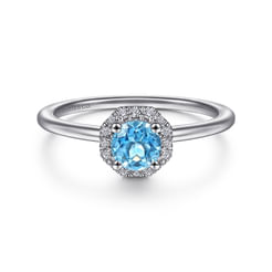 14K White Gold Round Blue Topaz and Hexagon Diamond Halo Ring