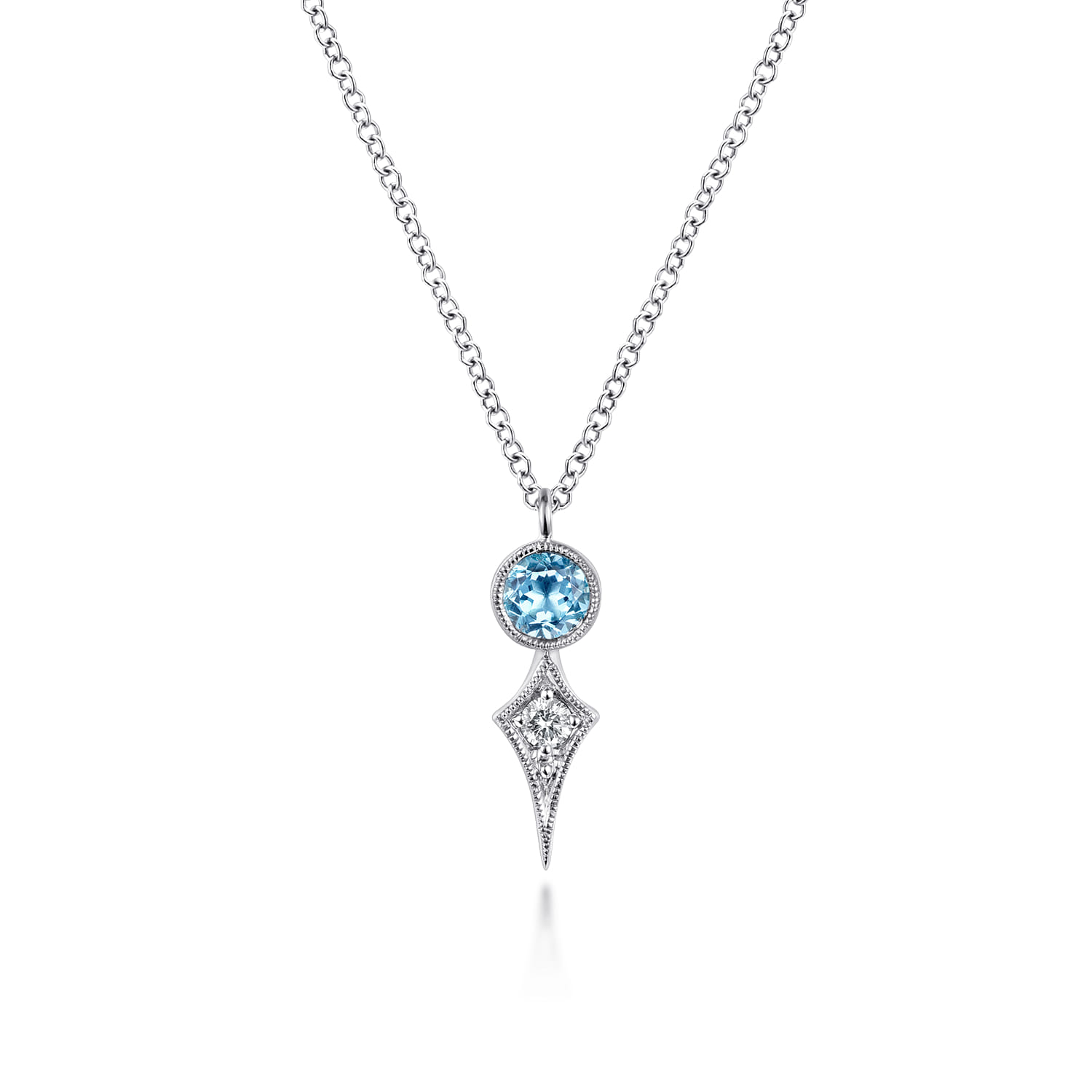14K White Gold Round Blue Topaz and Kite Diamond Pendant Necklace - 0.05 ct - Shot 1