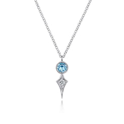 14K White Gold Round Blue Topaz and Kite Diamond Pendant Necklace
