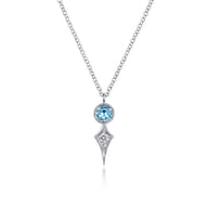 14K White Gold Round Blue Topaz and Kite Diamond Pendant Necklace