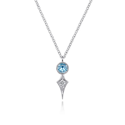 14K White Gold Round Blue Topaz and Kite Diamond Pendant Necklace