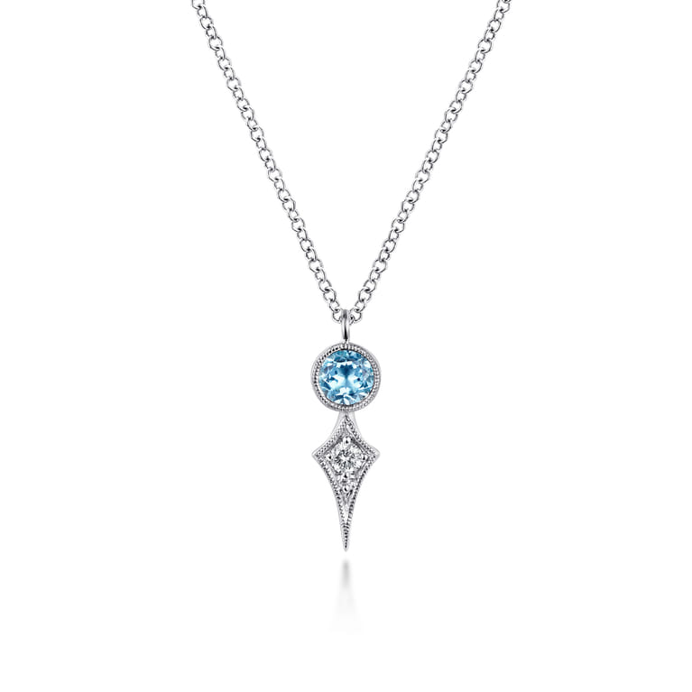 14K White Gold Round Blue Topaz and Kite Diamond Pendant Necklace - 0.05 ct - Shot 1