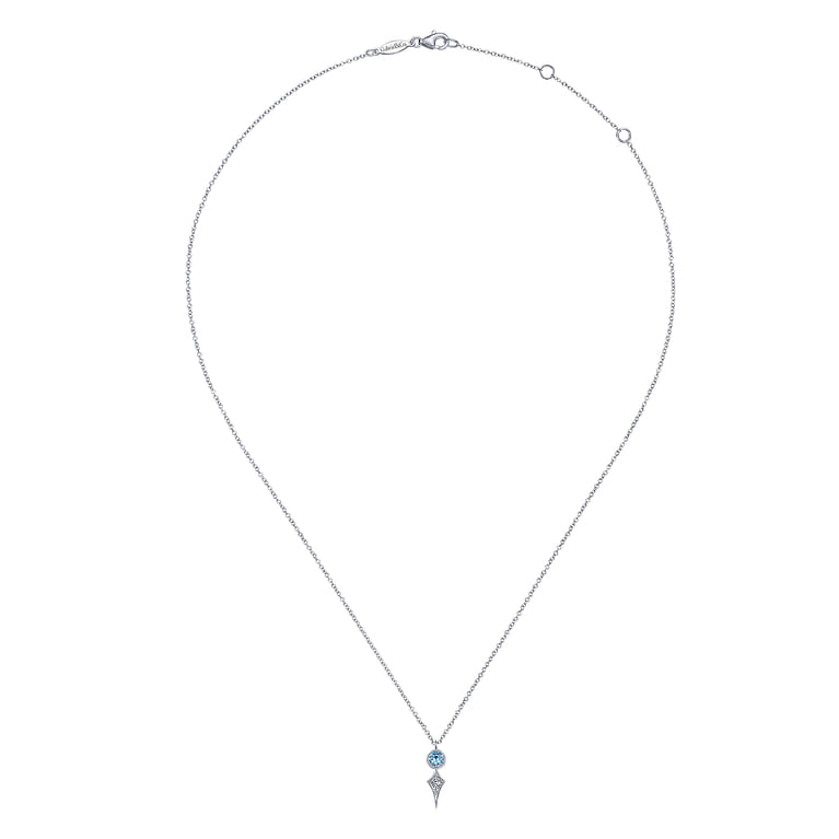 14K White Gold Round Blue Topaz and Kite Diamond Pendant Necklace - 0.05 ct - Shot 2
