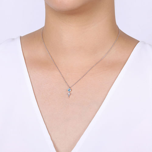 14K White Gold Round Blue Topaz and Kite Diamond Pendant Necklace - 0.05 ct - Shot 3