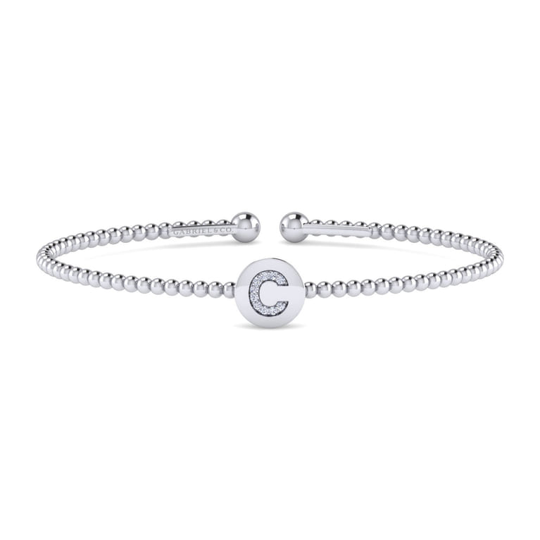 14K White Gold Round C Initial Diamond Bujukan Cuff Bracelet - 0.04 ct - Shot 1