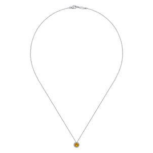 14K White Gold Round Citrine and Diamond Halo Pendant Necklace