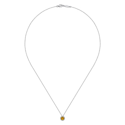 14K White Gold Round Citrine and Diamond Halo Pendant Necklace