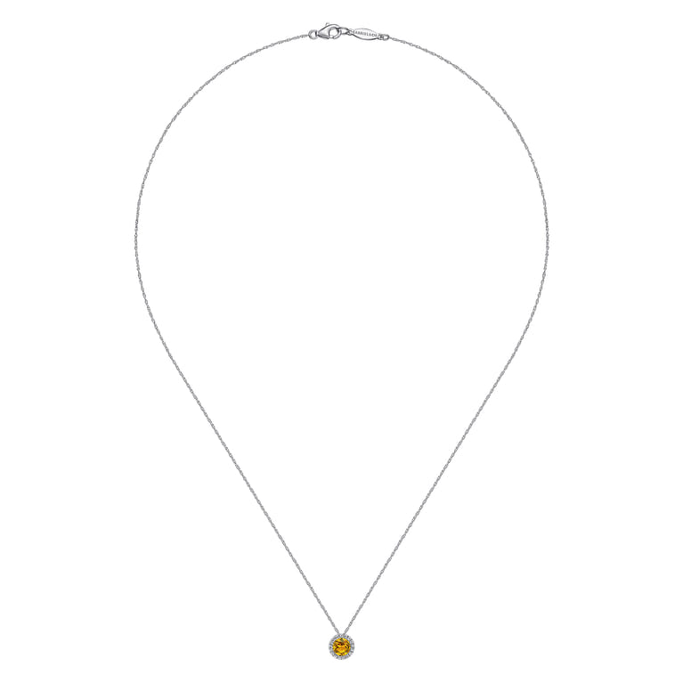 14K White Gold Round Citrine and Diamond Halo Pendant Necklace - 0.07 ct - Shot 2