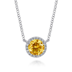 14K White Gold Round Citrine and Diamond Halo Pendant Necklace
