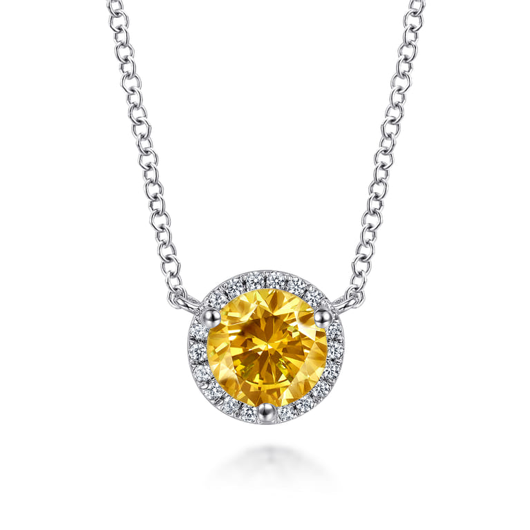 14K White Gold Round Citrine and Diamond Halo Pendant Necklace - 0.07 ct - Shot 1