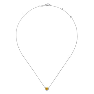 14K White Gold Round Citrine and Diamond Halo Pendant Necklace