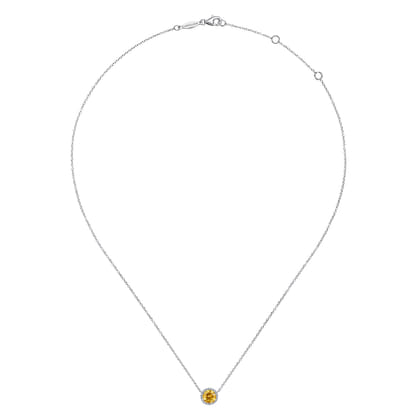 14K White Gold Round Citrine and Diamond Halo Pendant Necklace
