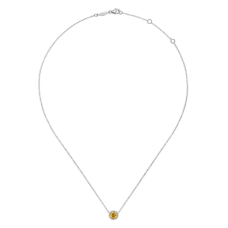 14K White Gold Round Citrine and Diamond Halo Pendant Necklace