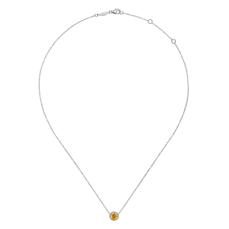 14K White Gold Round Citrine and Diamond Halo Pendant Necklace - 0.07 ct - Shot 2