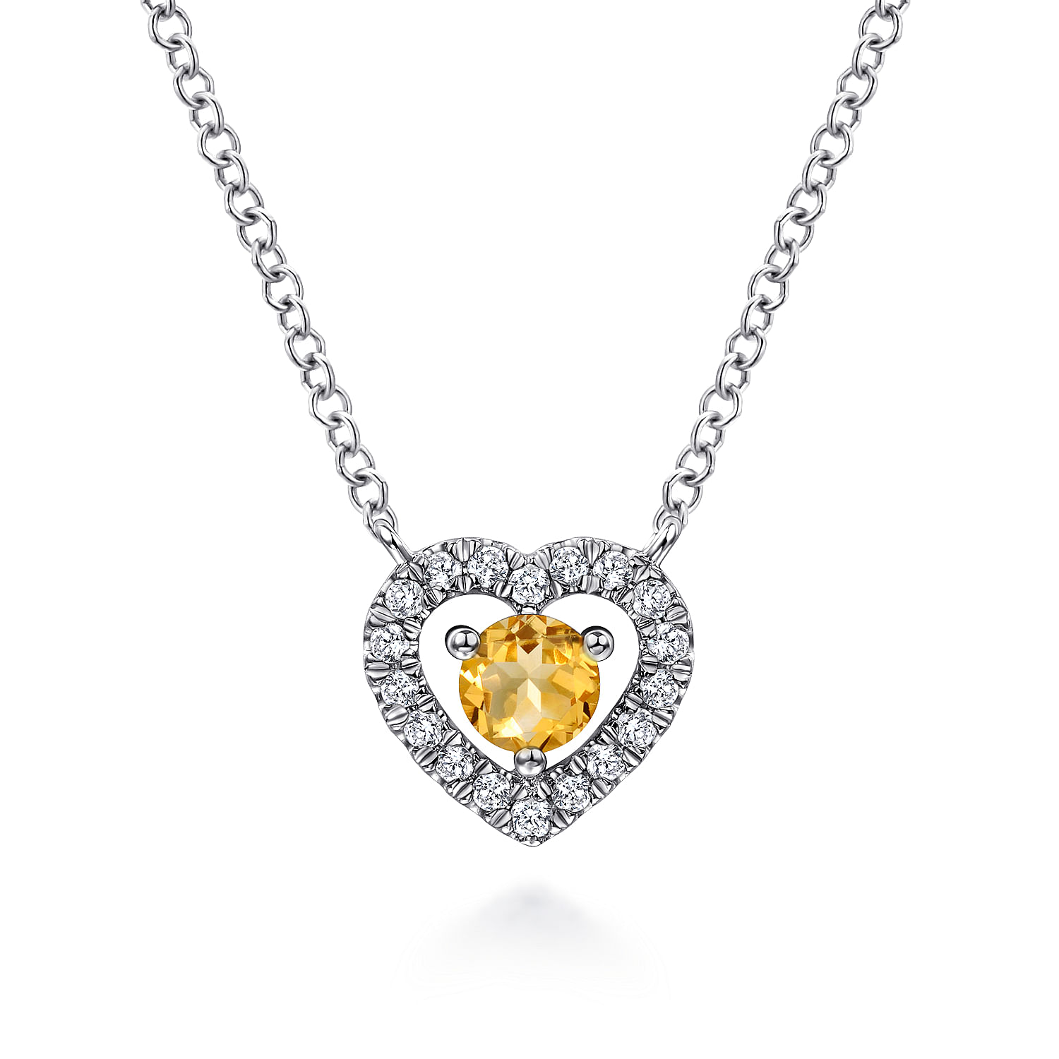 14K White Gold Round Citrine and Diamond Heart Pendant Necklace