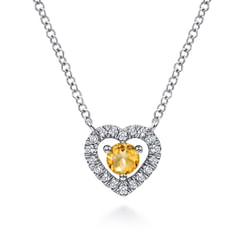 14K White Gold Round Citrine and Diamond Heart Pendant Necklace