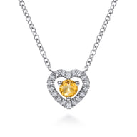 14K White Gold Round Citrine and Diamond Heart Pendant Necklace