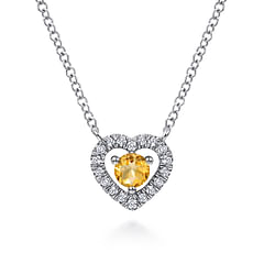 14K White Gold Round Citrine and Diamond Heart Pendant Necklace