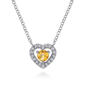 14K White Gold Round Citrine and Diamond Heart Pendant Necklace