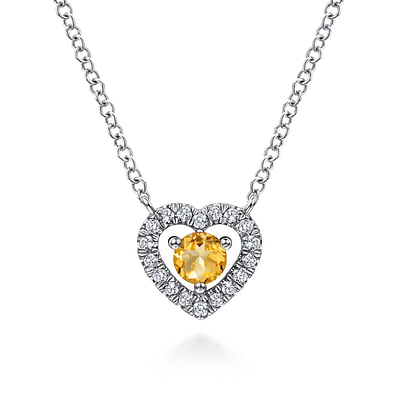 14K White Gold Round Citrine and Diamond Heart Pendant Necklace