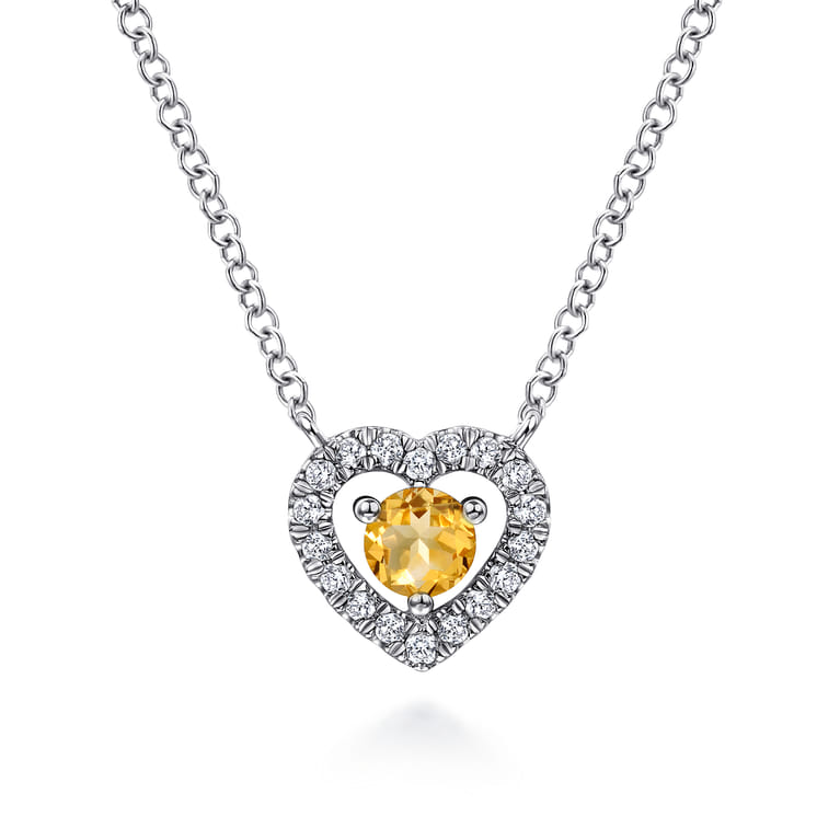 14K White Gold Round Citrine and Diamond Heart Pendant Necklace - 0.09 ct - Shot 1