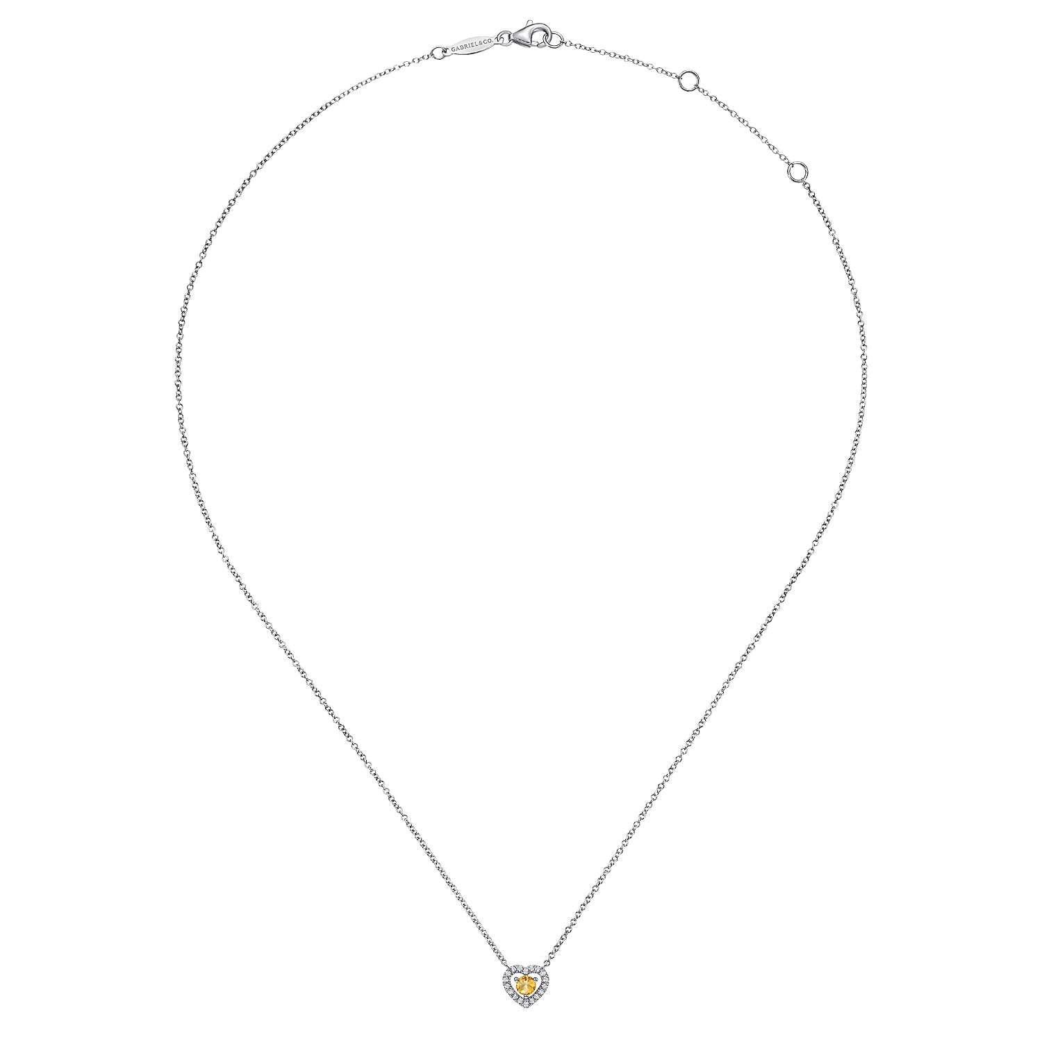 14K White Gold Round Citrine and Diamond Heart Pendant Necklace