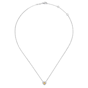 14K White Gold Round Citrine and Diamond Heart Pendant Necklace